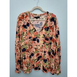 ELOQUII Tunic Blouse Top Womens Plus 26 3X Peach Green Floral Long Sleeve Boho